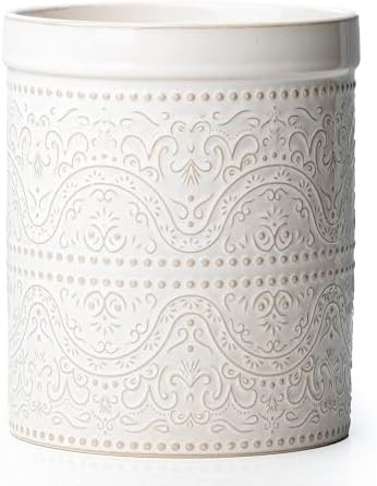 MIKIGEY Kitchen Utensil Holder, 7 Inches Large Ceramic Utensil Holder for Countertop, Lace Emboss... | Amazon (US)