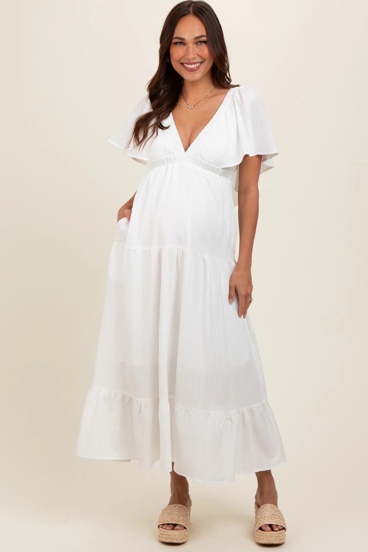 Ivory Deep V-Neck Flutter Sleeve Tiered Maternity Midi Dress | PinkBlush Maternity