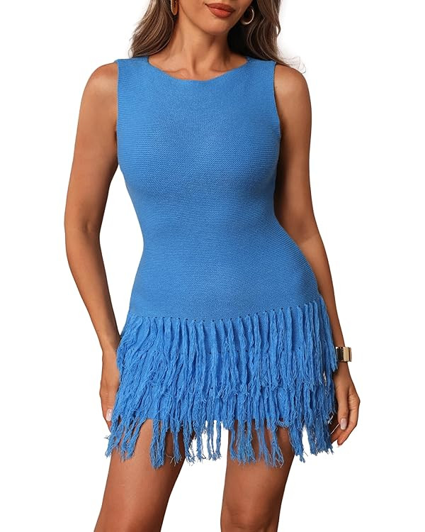Women's Fringe Sleeveless Mini Dress Crew Neck Bodycon Knit Party Club Dresses | Amazon (US)