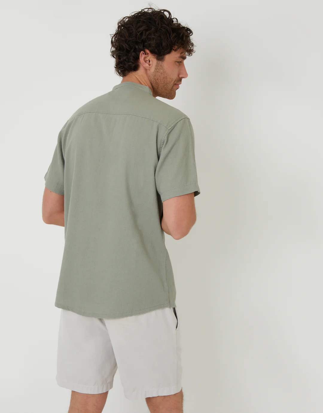 Grandad Collar Linen Blend Short Sleeve Shirt in Sage Green | Threadbare UK