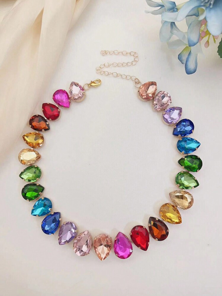 1pc Glass Crystal Heart Teardrop Necklace, Glamorous Colorful Jewel For Party, Light Surface Defects Are Normal | SHEIN