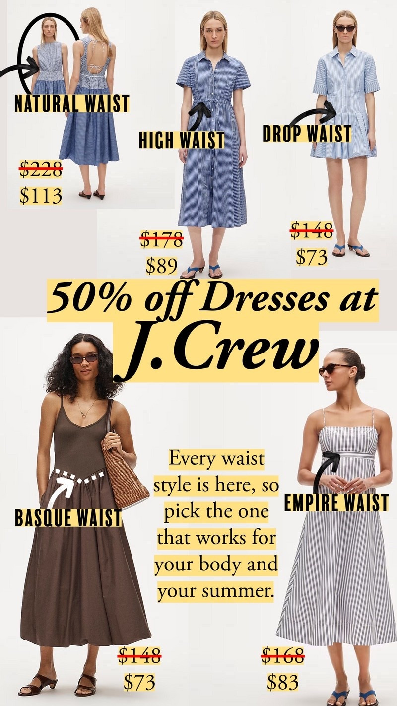 J.Crew's summer kickoff sale ends 5/26! Dresses at 50% off – five waist styles in cotton and linen that actually hold their shape. Natural, high, drop, basque, empire: one of these is yours. Okay, I also added A-line dresses because that's my favorite (Billie), and that long-sleeve mariner dress because it's a classic and feels as easy as PJs. workwear, what to wear to work, jeans, bootcut denim, CBK, 90s minimalism, old money aesthetic, preppy, Polo Ralph Lauren, button up shirt, button down, cotton poplin, cable knit sweater, cardigan, Picotin alternative, Polo Play, drop waist dress, linen blazer

#LTKootd