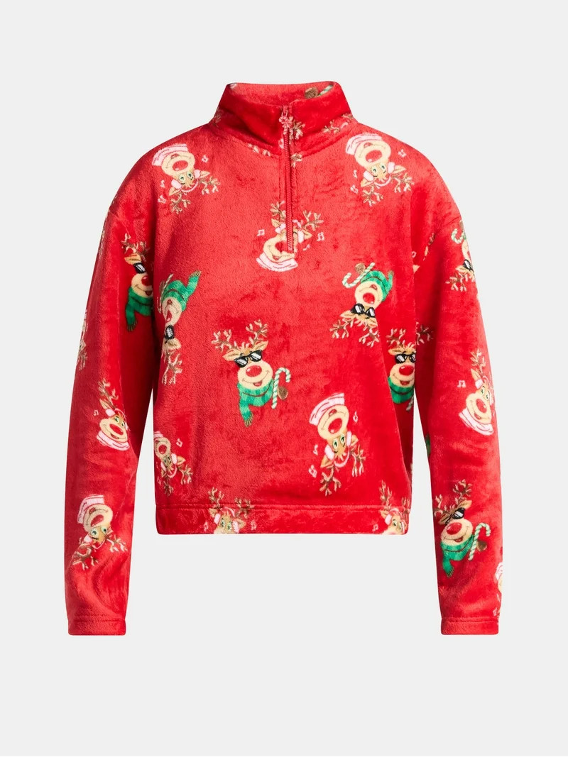 No Boundaries Christmas Quarter Zip Mock Neck Plush Top with Long Sleeves, Women's | Walmart (US)