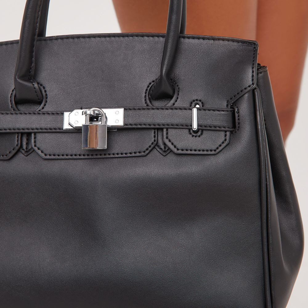 Oak Padlock Detail Top Handle Tote Shopper Bag In Black Faux Leather | EGO (UK)