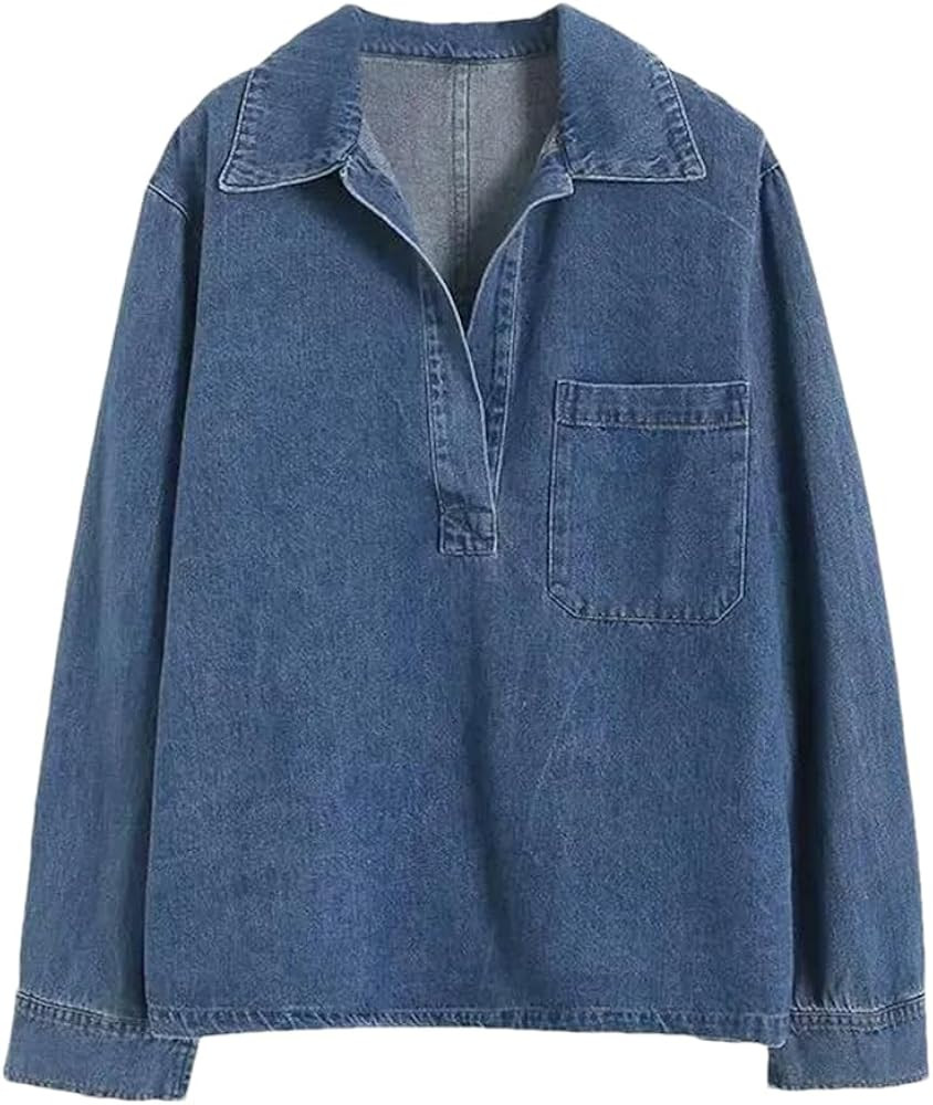 Women Denim Pullover Shirt Vintage Long Sleeve Lapel Side Open Bent Pocket Casual Shirts Top | Amazon (US)