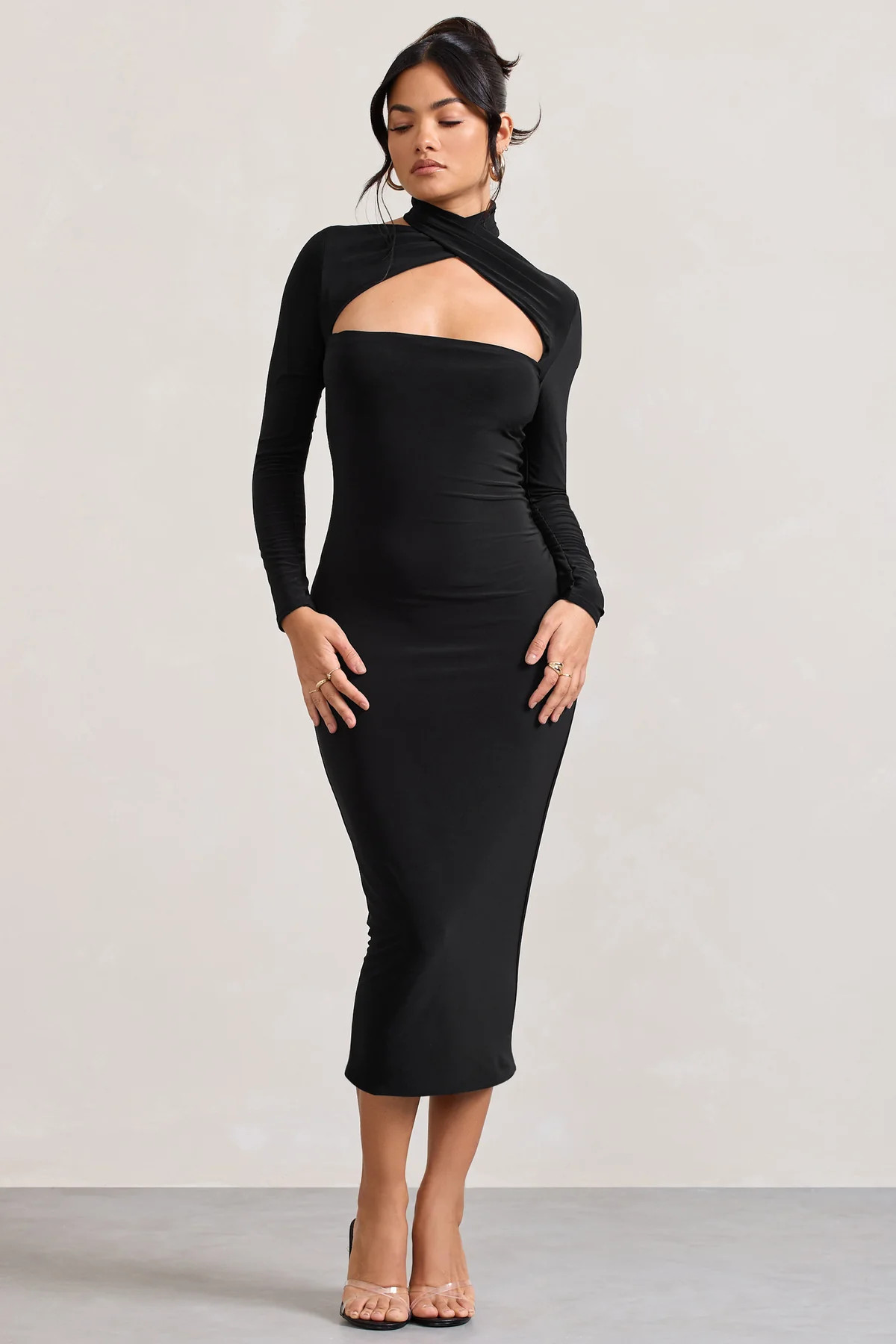 High Hopes | Black Halter-Neck Long-Sleeved Bodycon Midi Dress | Club L London