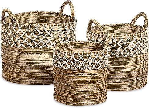 Boho Romantic Lace Baskets, Set of 3, Cotton Macrame Details, Relaxed Coastal Style, Woven Chunky... | Amazon (US)