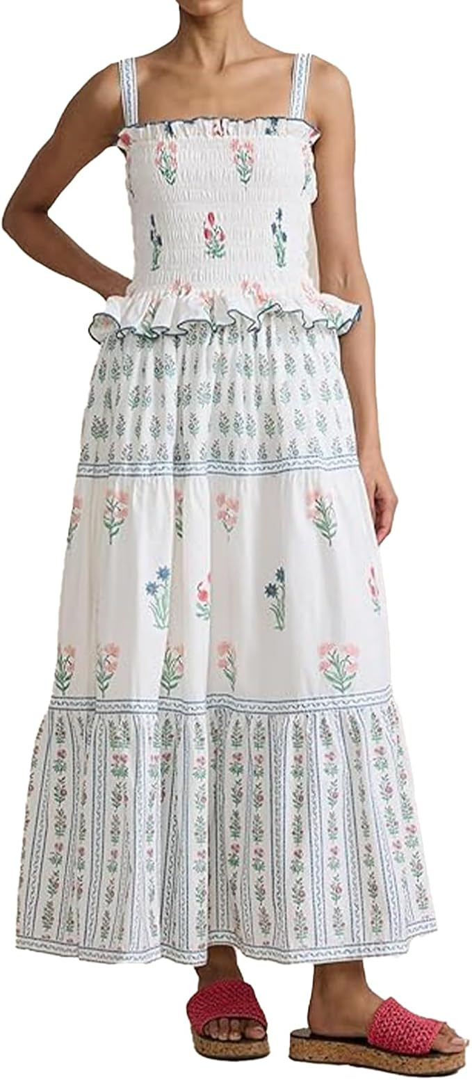 Women Floral Maxi Dress Sleeveless Smocked Ruffle Flowy Boho Sundress with Pockets Summer Vacatio... | Amazon (US)