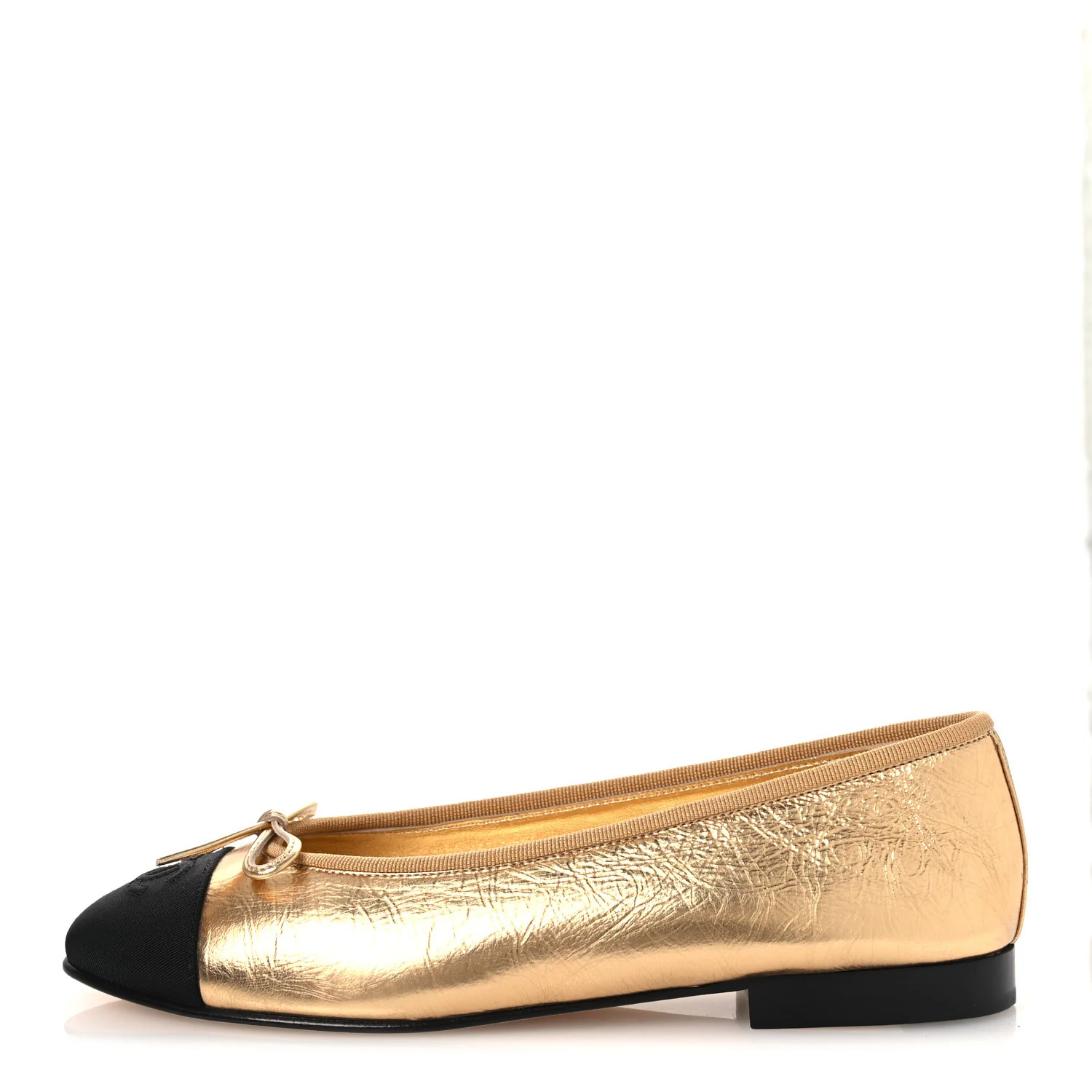 Chanel Laminated Crumpled Lambskin Grosgrain Cap Toe CC Ballerina Flats 37.5 Gold Black 1875876 | FASHIONPHILE (US)