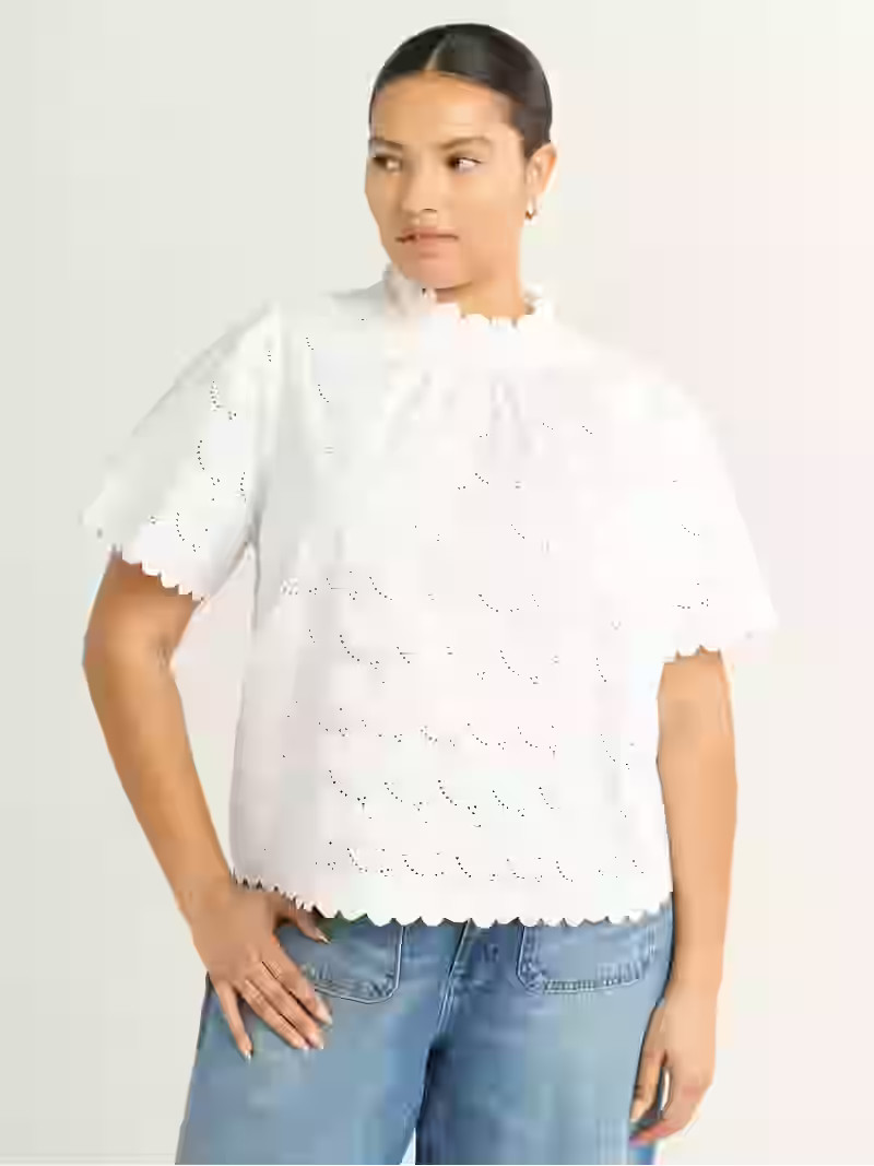 Free Assembly Women's Ruffle Cotton Eyelet Top with Short Sleeves, Sizes XS-4X | Walmart (US)