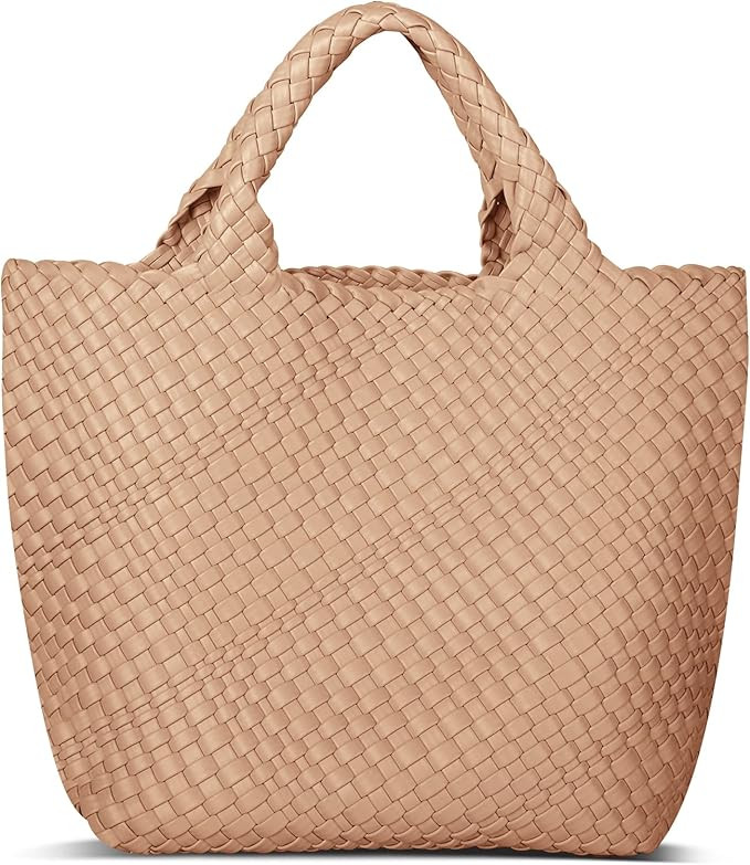 Womens Vegan Leather Woven Bag with Purse, Fashion Handmade Beach Tote Bag Top-handle Handbag | Amazon (US)
