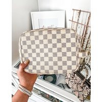 White Checkered Makeup Bag, Cosmetic Checker, Brown Toiletry Luxury Case | Etsy (US)