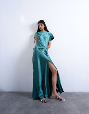 Asymmetric tuck side satin maxi in petrol | Topshop