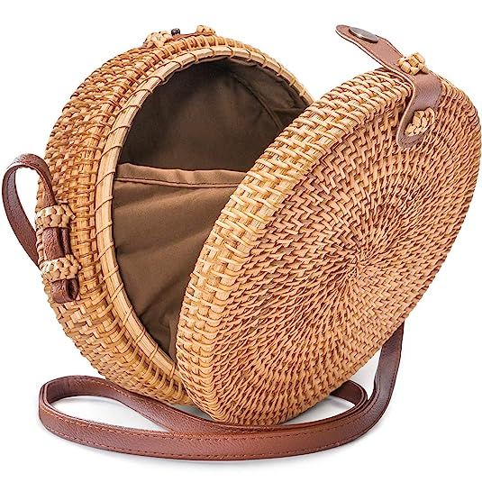 Round Rattan Bag with Snap Clasp - Handwoven Crossbody Straw Bag for Women by Avoseta | Amazon (US)