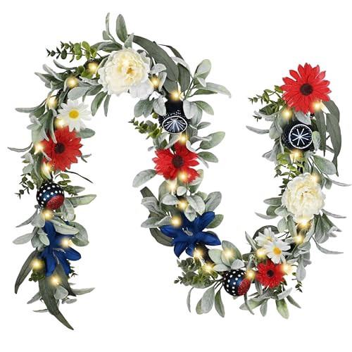 Valery Madelyn 6FT 4th of July Garland with Lights for Mantle, Red White Blue Patriotic Floral Garland Memorial Day Decorations with Ball Ornaments for USA 250th Anniversary Summer | Amazon (US)
