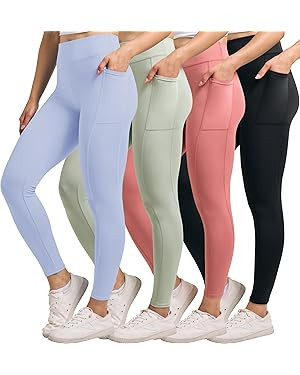 Real Essentials 4-Pack: Women's Full Length Fitted Athletic Yoga Performance Leggings with Pocket... | Amazon (US)
