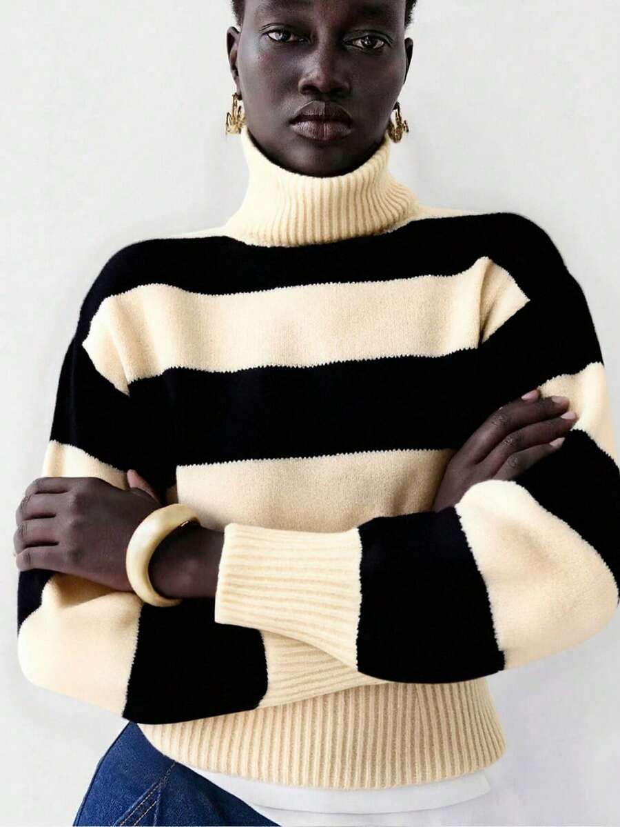 Lumivelle Women's Casual Striped Loose Fit High Neck Sweater, Fashionable And Versatile For Commu... | SHEIN
