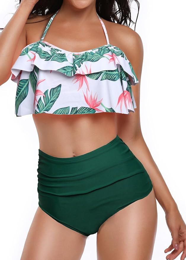 Heat Move Women Retro Flounce High Waisted Bikini Halter Neck Two Piece Swimsuit | Amazon (US)