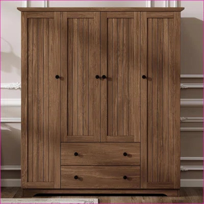 Chests & Wardrobes | Classic 4-Door Wardrobe Armoire with 2 Drawers | White | Pine Wood+MDF | Wayfair North America
