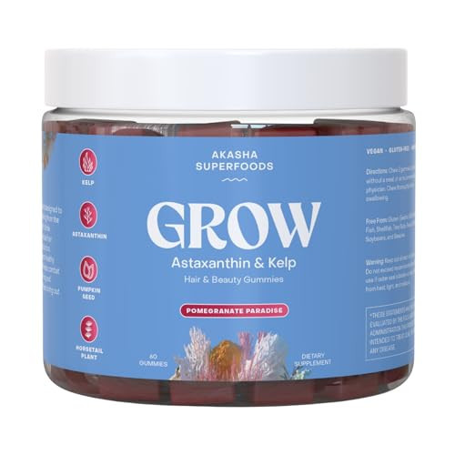 Akasha Superfoods Grow Hair & Beauty Gummies, Supplement with Zinc, Vitamin E, Astaxanthin, Kelp, & Pumpkin Seed, Plant Based Gummies for Women & Men, Gluten Free, Vegan, American Made, 60 Count | Amazon (US)