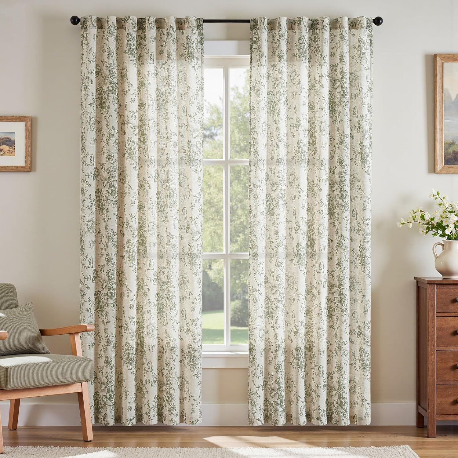 jinchan Linen Blend Curtain Floral Curtains for Living Room 84 Inch Length Sage Green Printed Cur... | Amazon (US)