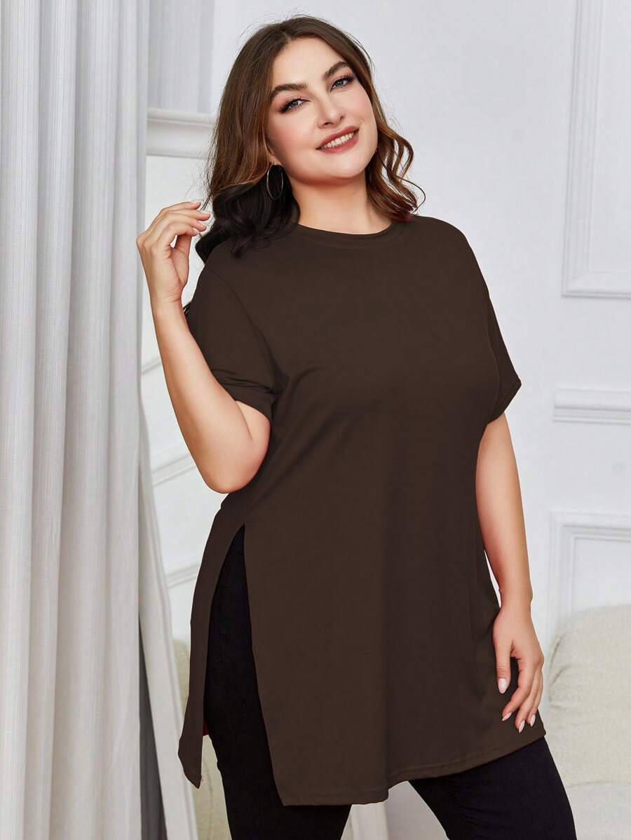 INAWLY Plus Size Women Summer Solid Color Round Neck Short Sleeve Casual T-Shirt With Side Slit H... | SHEIN