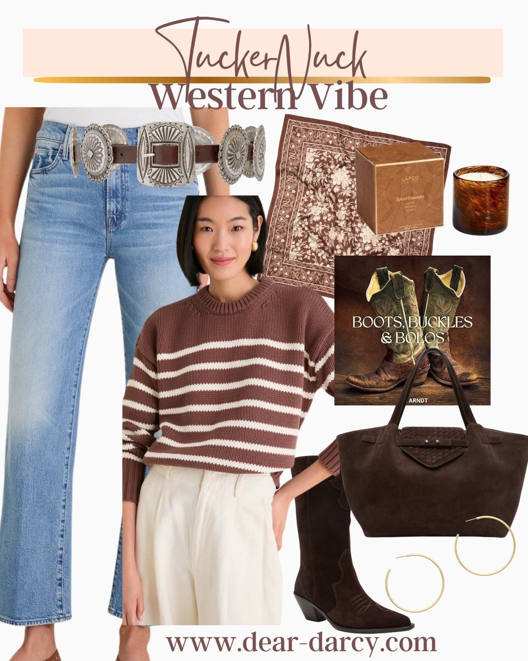 Turkernuck Western vibe

Easy everyday pieces you’ll wear on repeat and can add a little western vibe if you wish.

Denim jeans-Mother
Striped sweater
Leather &silver gonch belt 

Suede  bag
Cowboy boots
Printed silk scarf 
Tortoise shell candle 
Boots and buckles coffee table book 
Earrings 

#LTKgrwm #LTKootd #LTKOver40