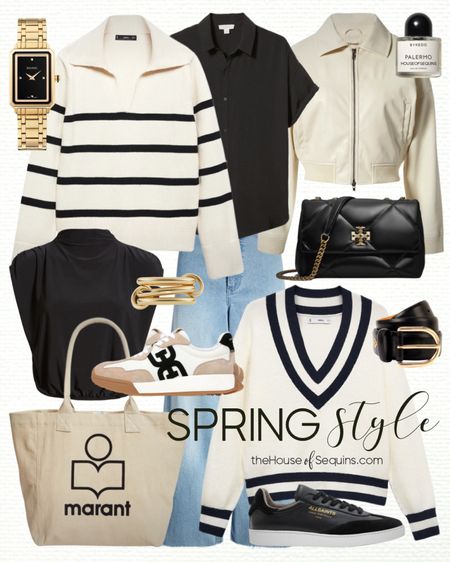 Shop these Nordstrom spring outfit finds! Striped sweater, wide leg jeans, Bomber jacket, Allsaints sneakers, Isabel Marant canvas tote bag, Tory Burch quilted bag, Sandals Edelman sneakers and more! 