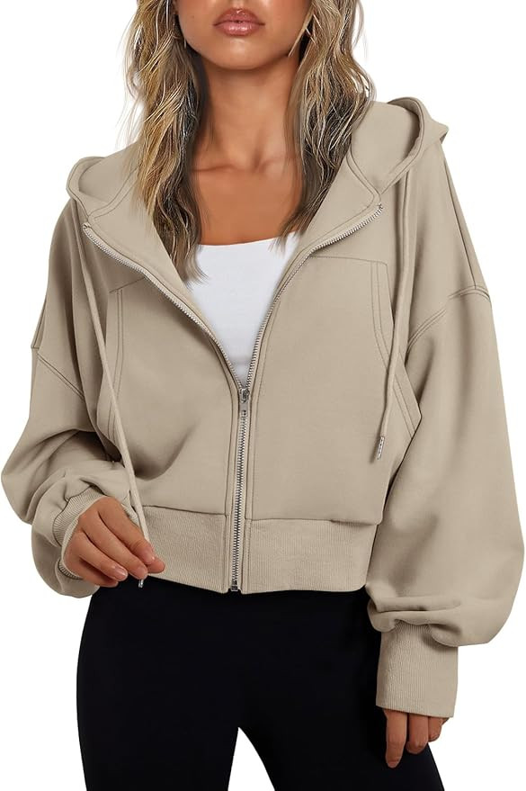 Trendy Queen Hoodies for Women Full Zip Up Cropped Sweatshirts Casual Hooded Pullover Sweaters To... | Amazon (US)