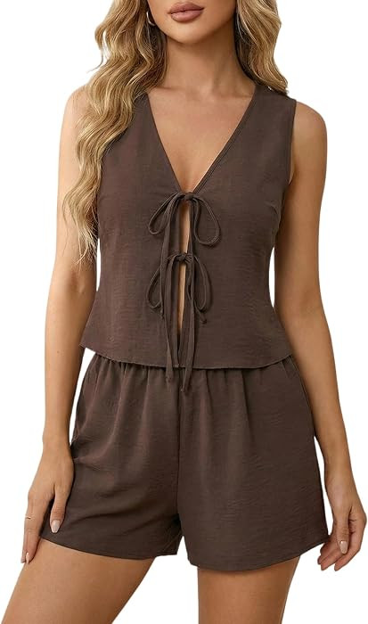 SOLY HUX Women's Summer 2 Piece Outfits Sleeveless V Neck Tie Front Tank Top and Shorts Matching ... | Amazon (US)