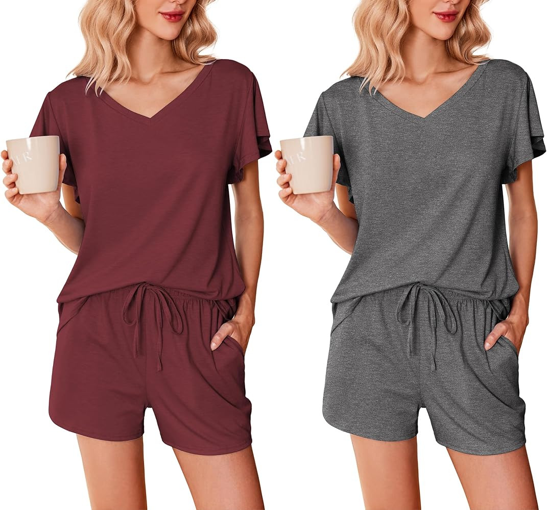 Ekouaer 2 Pack Women's Pajamas Set Soft Ruffle Sleeve Pjs Set Casual V Neck Lounge Set with Pocke... | Amazon (US)