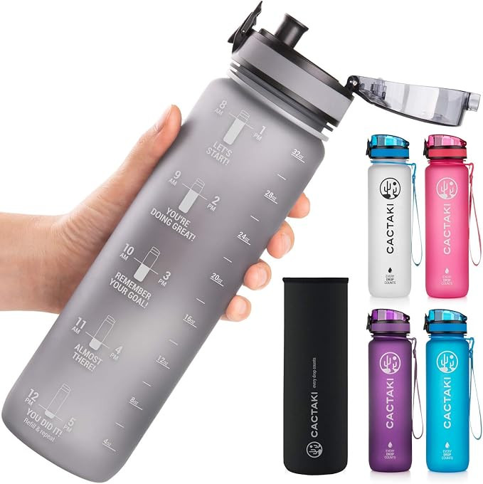 Cactaki 32oz Water Bottle with Time Marker, BPA Free, Non-Toxic, Leakproof, Durable | Amazon (US)
