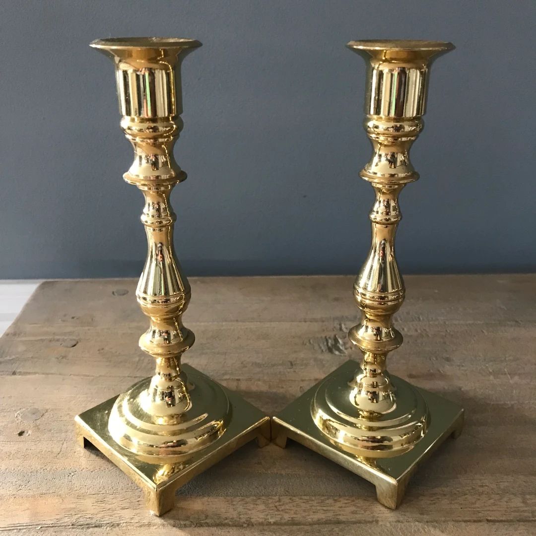 Pair of Brass Candlestick Holders With Square Bottoms - Etsy | Etsy (US)