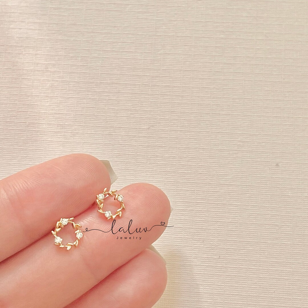 9k Solid Gold Dainty Round Garland Leaf CZ Earrings Dainty - Etsy | Etsy (US)
