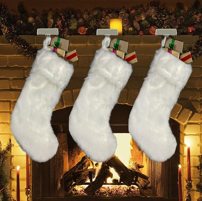 AOGU 3 Pack 18 Inch Snowy White Christmas Stockings Faux Fur Xmas Christmas Stockings Hanging Orn... | Amazon (US)