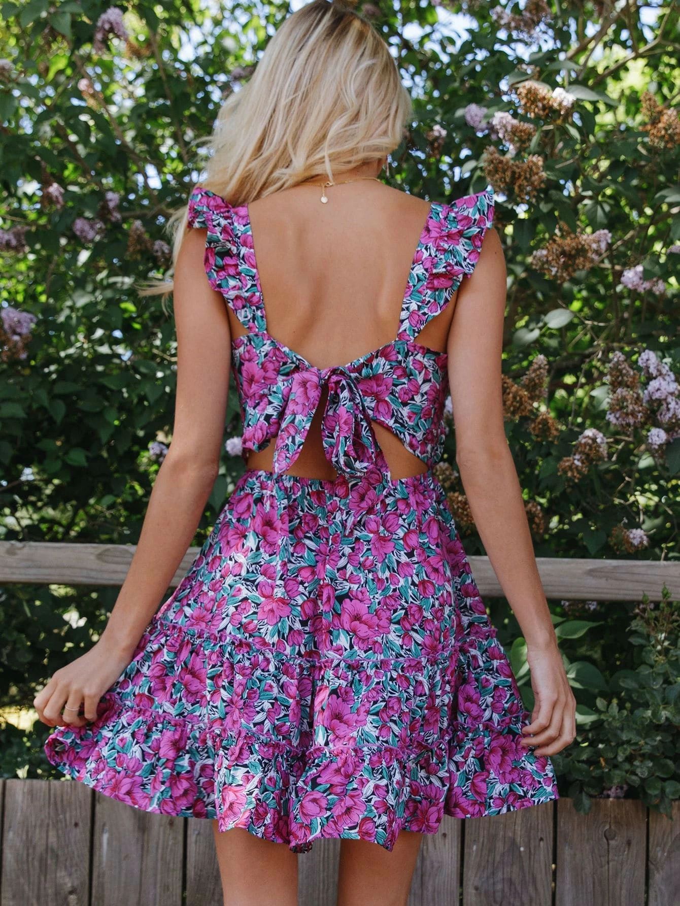 SHEIN Floral Print Ruffled Self-Tie Mini Dress | SHEIN