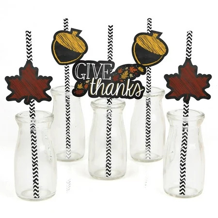 Give Thanks Paper Straw Decor - Thanksgiving Party Striped Decorative Straws - Set of 24 | Walmart (US)