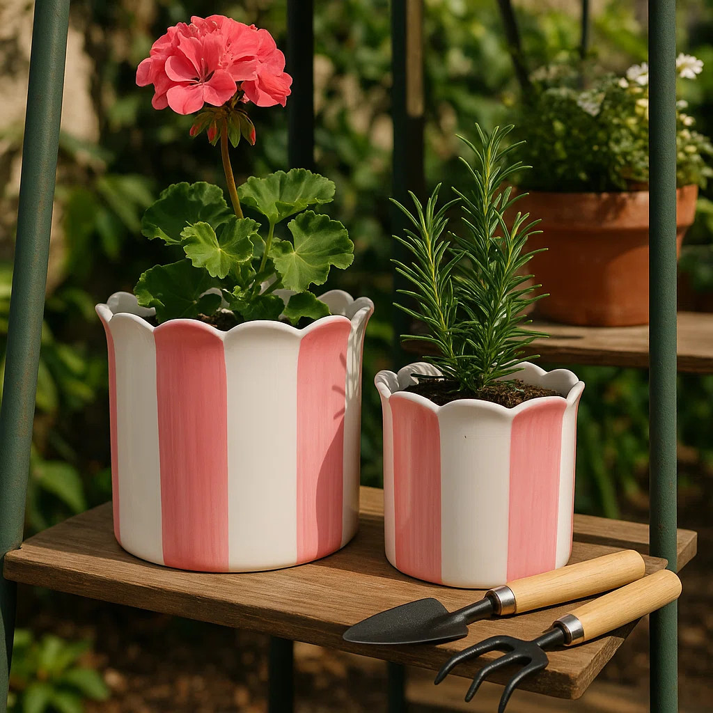 Ceramic Outdoor Planters - Striped Flower Pots With Scalloped Edge - Indoor Planter For Plants, F... | Wayfair North America