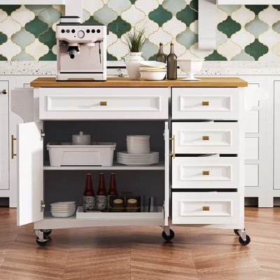 Whisen 52'' Kitchen Island with Drop Leaf, Built-in Racks, Drawers and Adjustable Shelf, Kitchen Island on Wheels - White | Target
