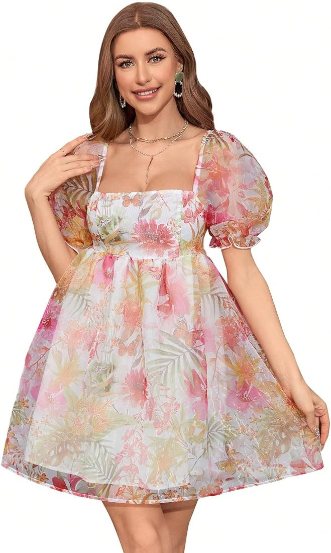 WDIRARA Women's Floral Print Square Neck Puff Short Sleeve High Rise Flare Organza Dress | Amazon (US)