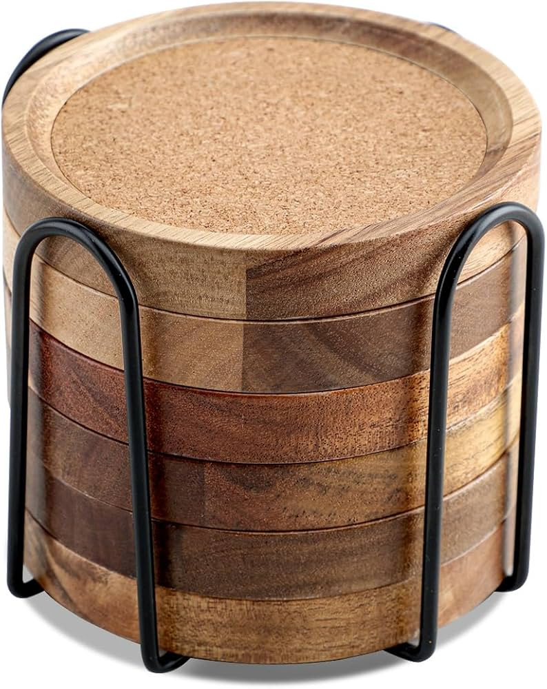 Coasters for Drinks Absorbent with Holder, Acacia Wood Cork Coaster for Coffee Table Wooden Table... | Amazon (US)