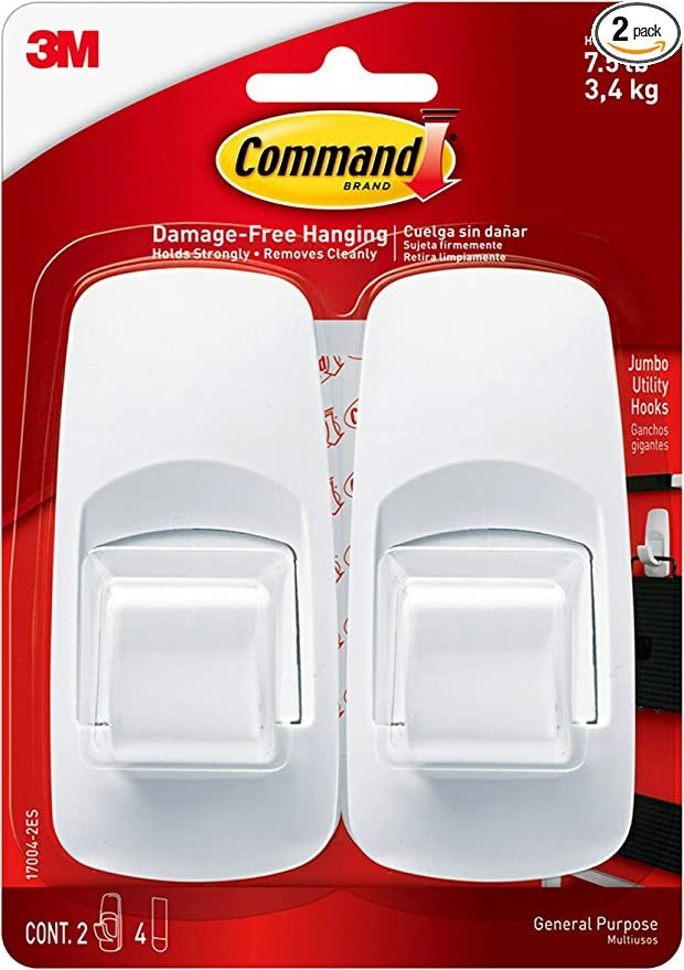 Command Jumbo Wall Hooks Heavy Duty, Holds up to 7.5 lbs, 2 Hooks with 4 Command Strips | Amazon (US)