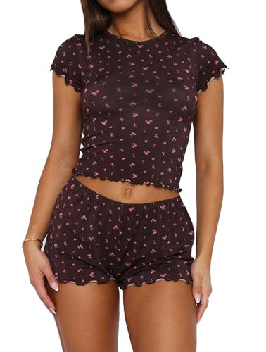 Lacozy Cute Pj Sets Woman Short Sleeve Floral Pajama Y2k Pjs Nightwear Summer T Shirts and Pajamas Pant Sets Coffee M | Amazon (US)