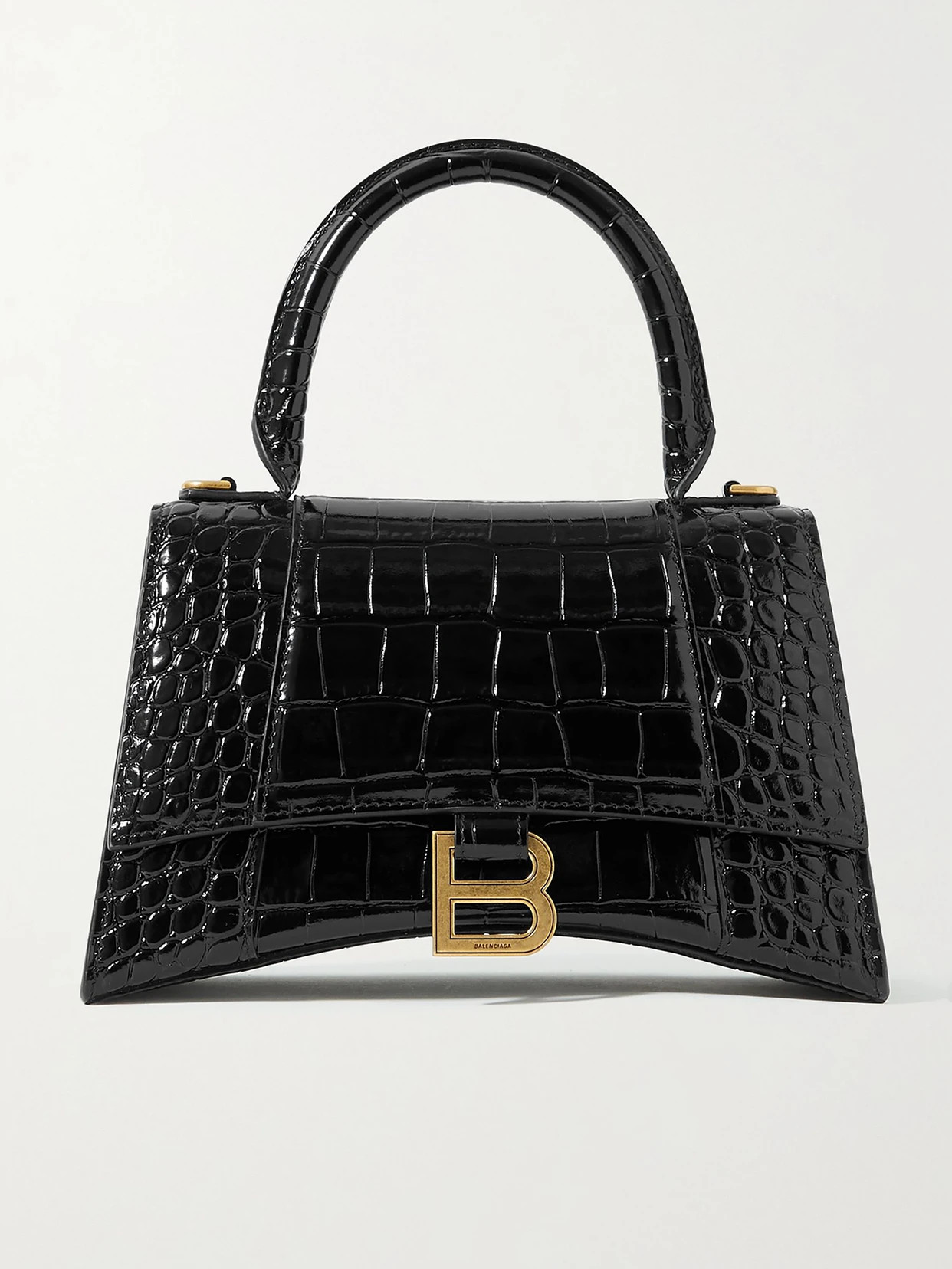 Balenciaga - Hourglass Small Glossed Croc-effect Leather Tote - Black | NET-A-PORTER (US)