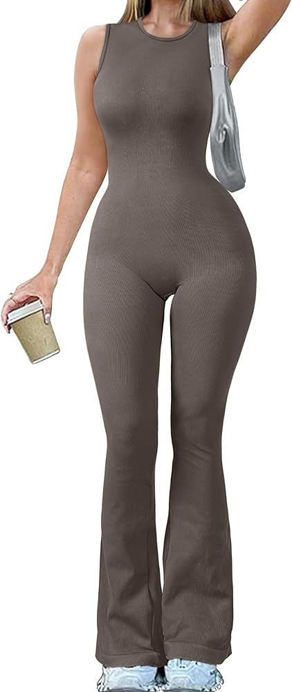 OQQ Women Yoga Jumpsuits Ribbed Crew Neck Sleeveless Bell Bottoms Flare Jumpsuits | Amazon (US)