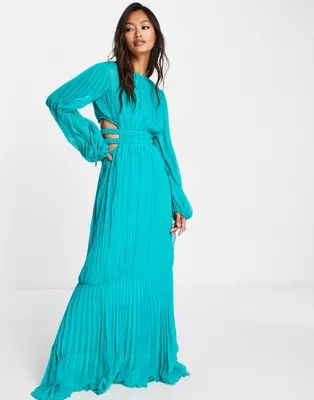 ASOS DESIGN pleated maxi dress with ruched waist detail in turquoise | ASOS (Global)