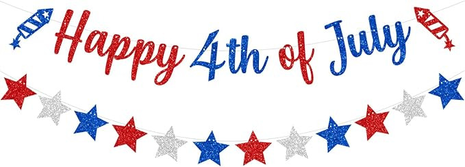 Glittery Happy 4th of July Banner and Glitter Stars Banner Red White Blue Patriotic Fourth of Jul... | Amazon (US)