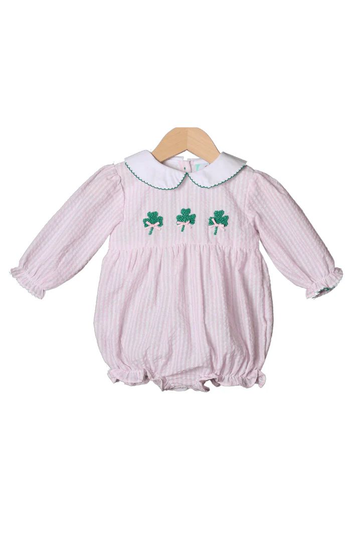 French Knot Clover Pink Seersucker Bubble | The Smocked Flamingo