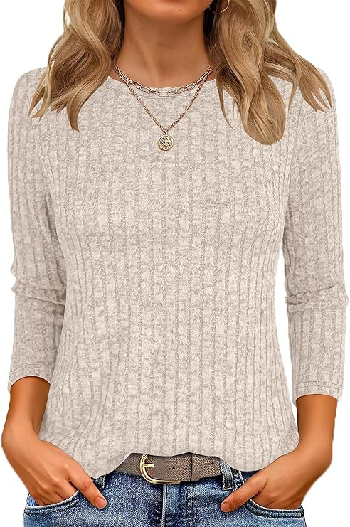 ANRABESS Women 3/4 Sleeve Length Shirts 2025 Fall Lightweight Sweaters Loose Fit Ribbed Knit Casu... | Amazon (US)