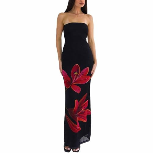 Women's Summer Flower Printed Strapeless Backless Tube Dress for Women Sheer Lace Bodycon Elegant Maxi Dress (Black,Small,Small) | Amazon (US)